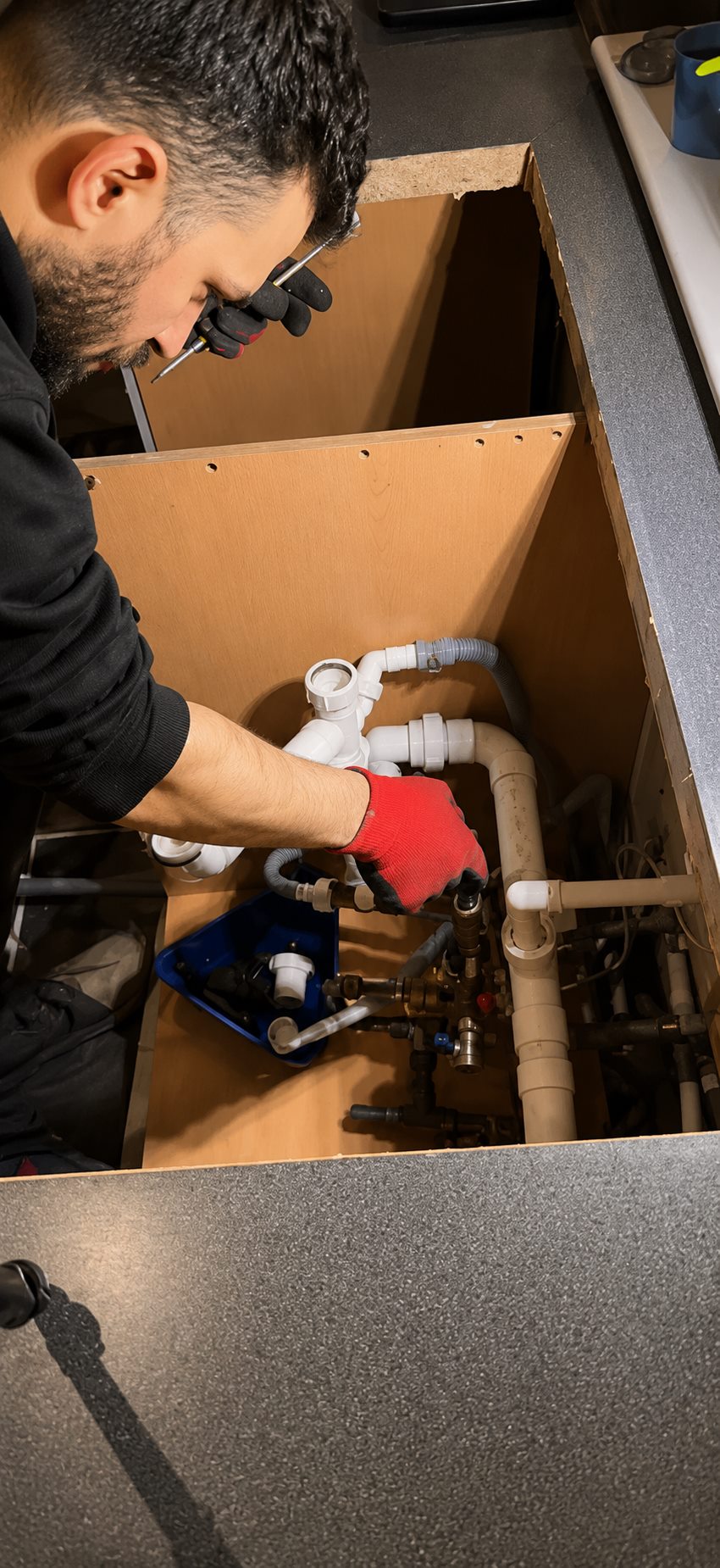 Kitchen sink pipework access before tap and sink plumbing work