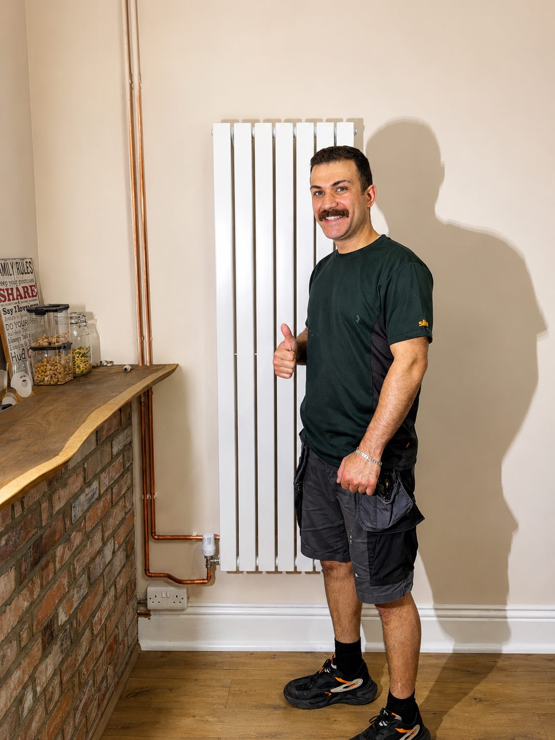 Finished vertical radiator installation in a living area