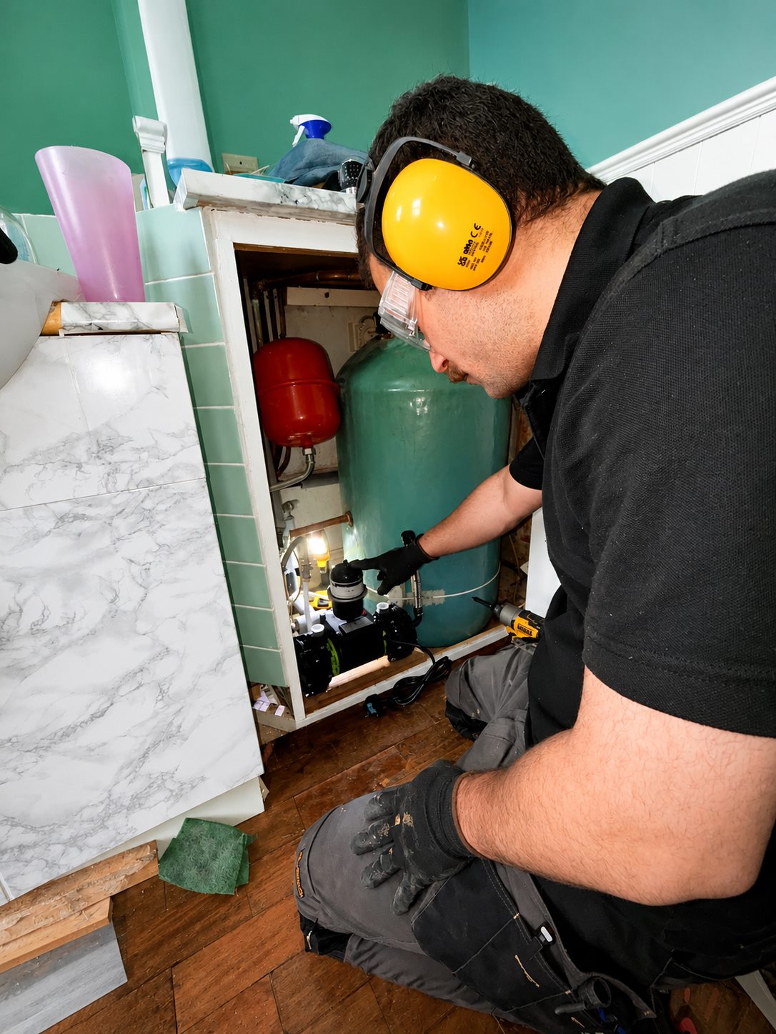 Shower pump installation plumbing inside a cabinet