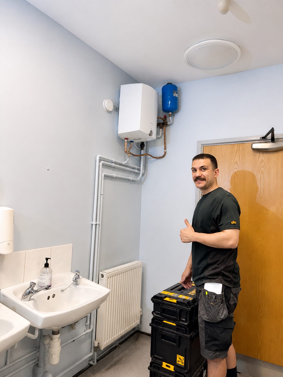 Rez beside an overbasin unvented water heater installation