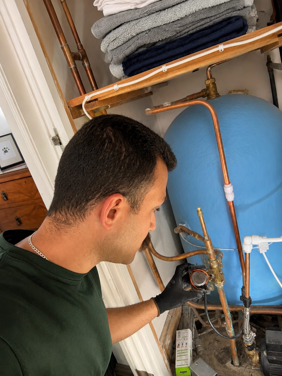 Vented cylinder pipework close-up